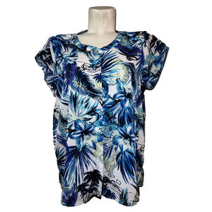 Chico's Top Women's Size L (2) Blue Floral Print Button Cap Sleeve Blouse Summer